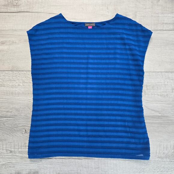 Vince Camuto Royal Blue Short Sleeve Striped Blouse Womens XS Sheer Round Neck - Picture 2 of 5